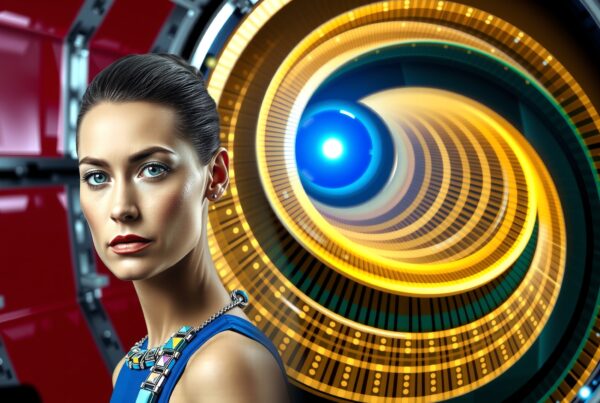 A woman in futuristic fashion stands before a high-tech glowing device, symbolizing the intersection of style and technology.