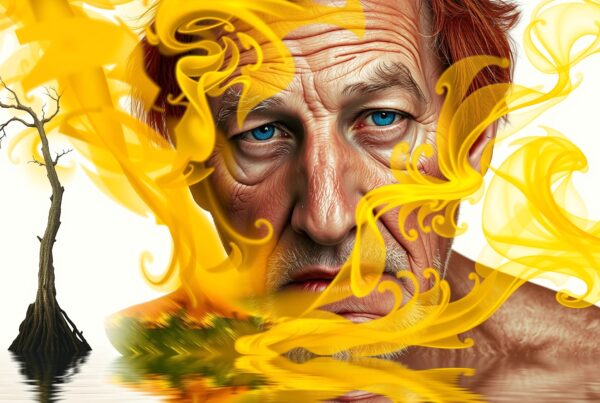 Surreal image of an elderly man's face, vibrant yellow swirls, and a solitary tree reflected in water.