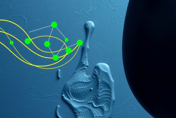 Abstract digital art with green circles and yellow lines forming a network on a textured blue background.