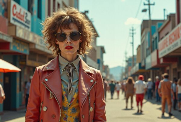 Stylish woman in vintage jacket strolls down vibrant street.