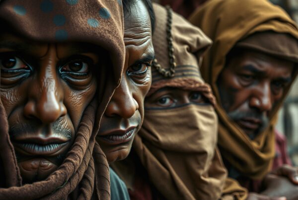 Four hooded individuals with intense, contemplative expressions.