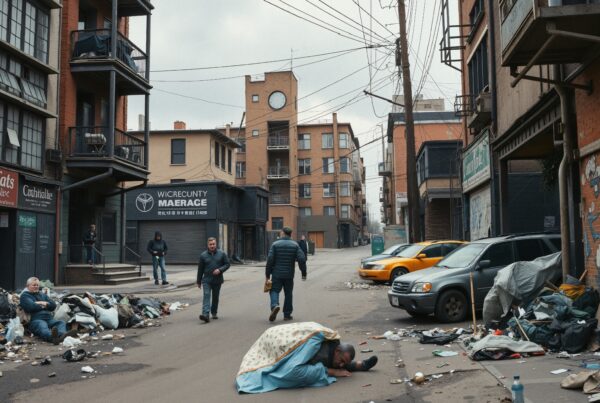 An urban street cluttered with trash and people navigating, amid old buildings and parked cars.