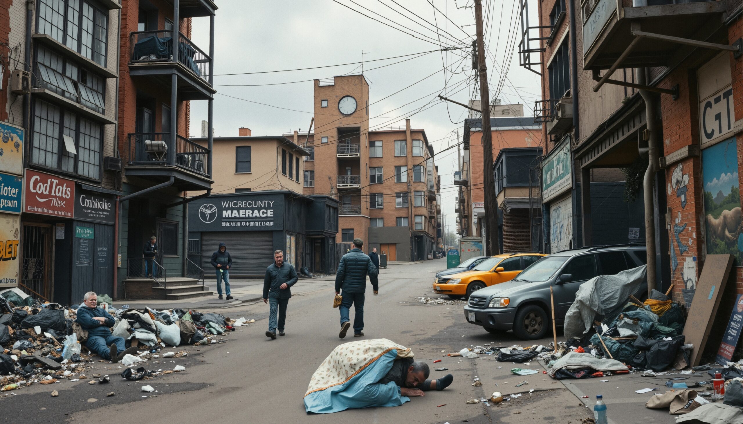Urban street filled with trash