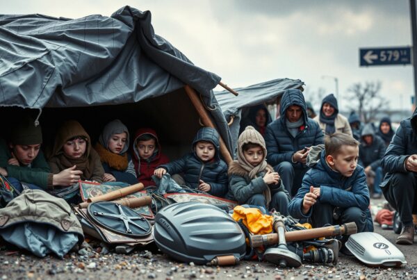 Children and adults huddle under a makeshift shelter on a cold, gloomy day, surrounded by scattered belongings.