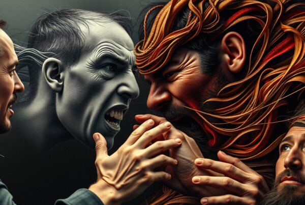 A surreal depiction of three men expressing intense emotions and internal conflict, with vibrant and dramatic elements.