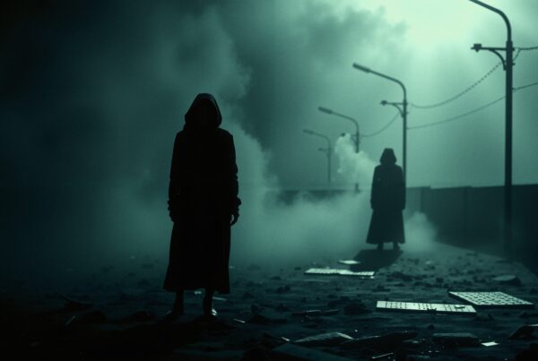 Silhouetted figures in foggy night urban scene.