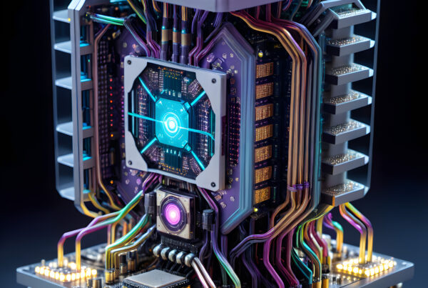 Futuristic Sci-Fi CPU: Neon Lights, Transparent Case, and Advanced Cooling Design