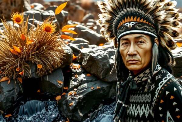 Man in traditional headdress amidst rocky landscape with vibrant orange flowers and stream.
