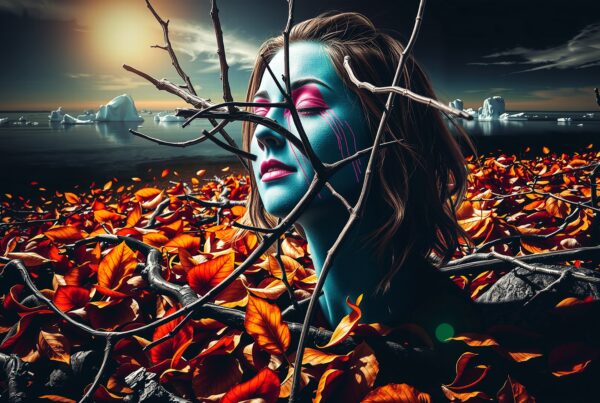 Surreal portrait of a woman’s blue face amid orange leaves with icy ocean background.