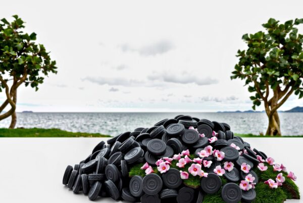 Pile of black licorice with pink flowers beside the sea under an overcast sky.