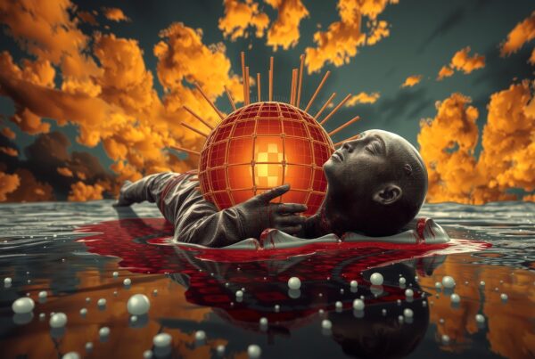 A surreal image of a figure with a glowing sphere against an orange clouded sky.