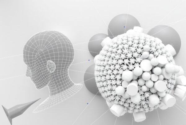A 3D wireframe head faces a complex geometric sphere in a futuristic digital art scene.