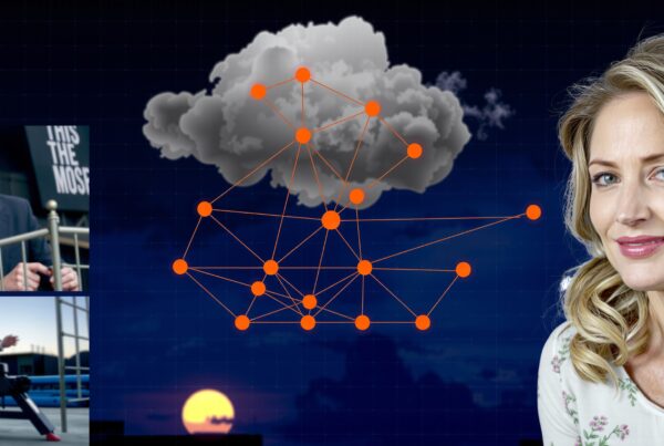 A woman, technology, and data network in composite imagery.