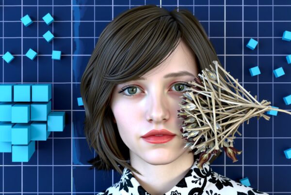 Digital artwork of a woman with cubes and dried plants.