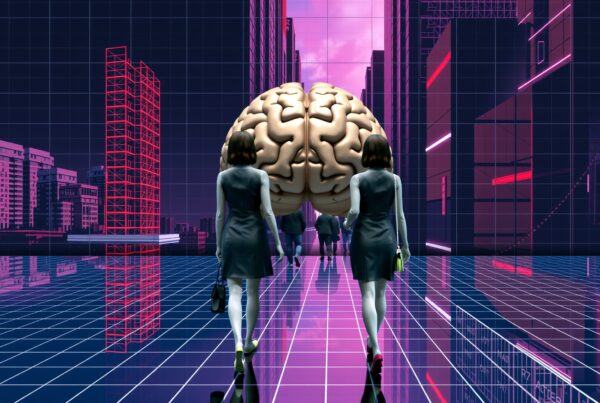 A futuristic cityscape with a giant brain, neon lights, and individuals walking towards it, suggesting a blend of intellect and technology.