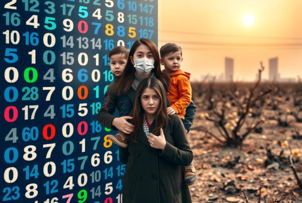 A family of four stands in a barren landscape with a colorful numeric backdrop, under a setting sun.