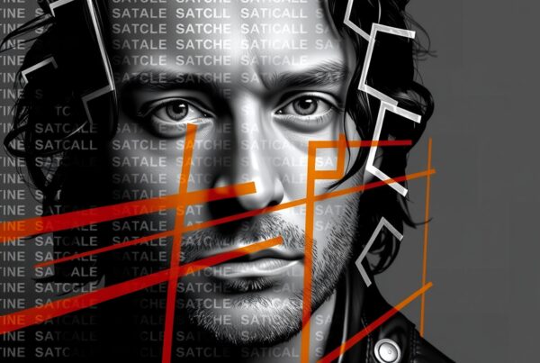 Monochrome portrait with text overlay and abstract lines.