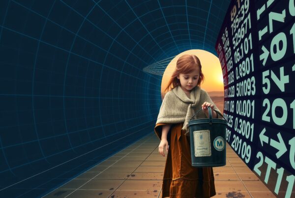 Young girl walks in futuristic tunnel with bucket.