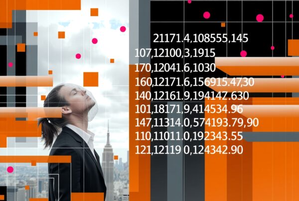 A businesswoman looking up in a cityscape with digital elements and data overlay in vibrant orange and black tones.
