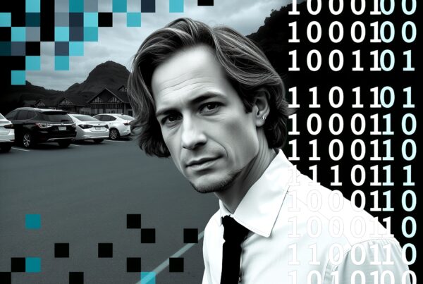 A man stands in a digital-art-themed parking lot with binary patterns.