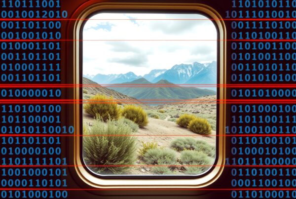 A futuristic scene of a desert landscape viewed through a window with digital binary code overlay.