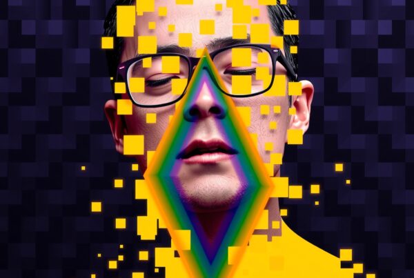 Digital art of a man's face, pixelated with vibrant colors, blending reality with technology.