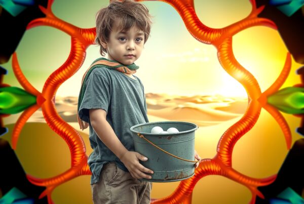 A young child stands in a desert landscape holding a bucket, framed by vibrant, intricate patterns.