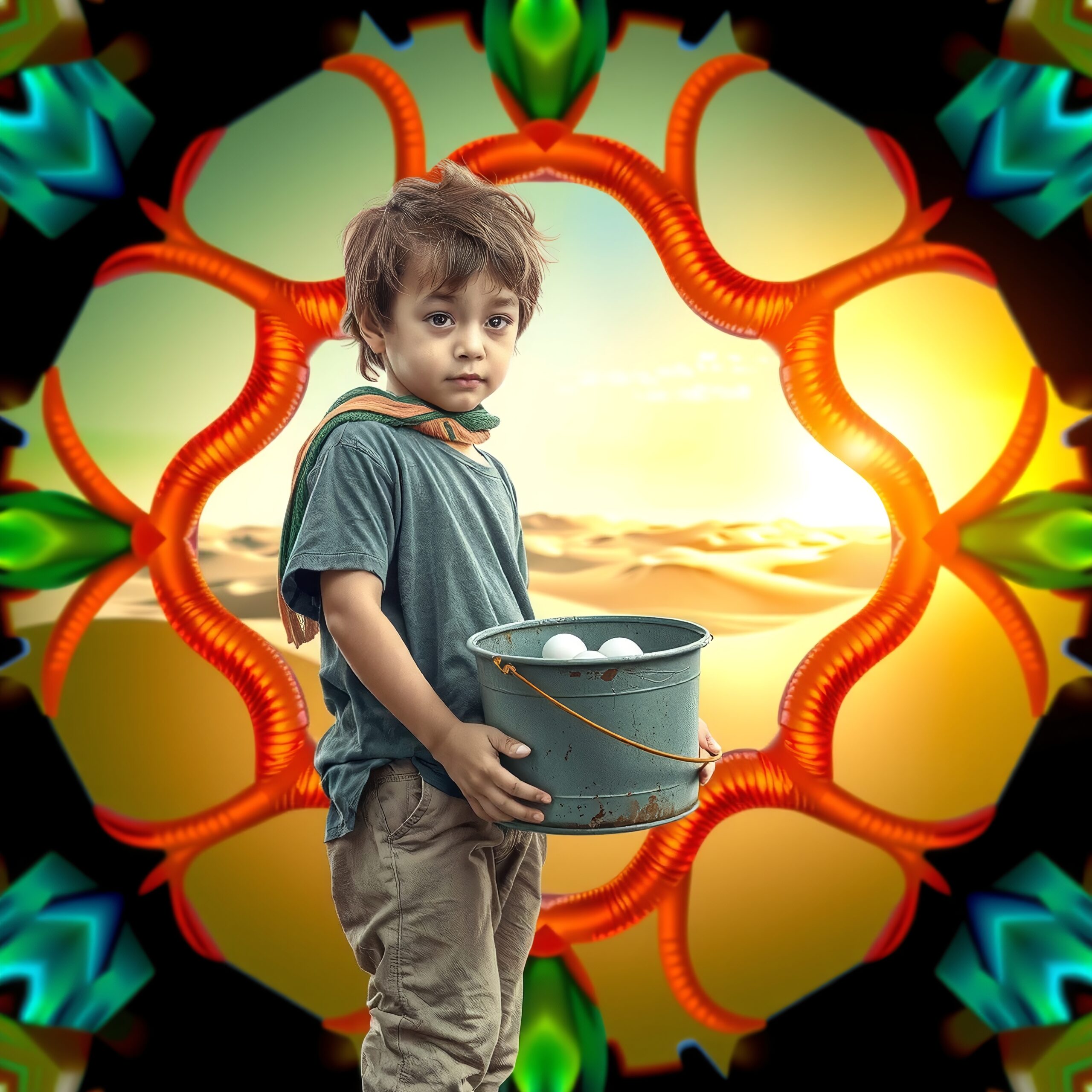 Child in surreal desert scene