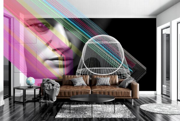 A modern living room featuring a colorful mural of a woman's face with geometric lines, brown leather sofa, and stylish décor.