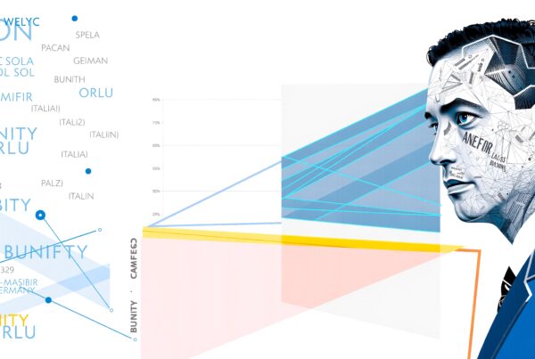 Stylized portrait with geometric data elements.