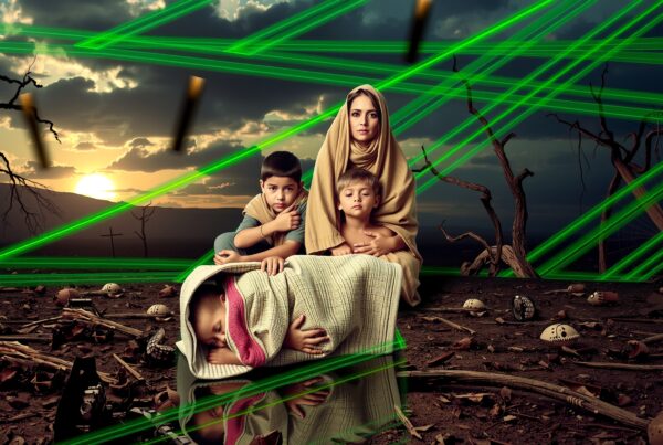 A family huddled together amid green lasers, in a barren landscape with sunset.