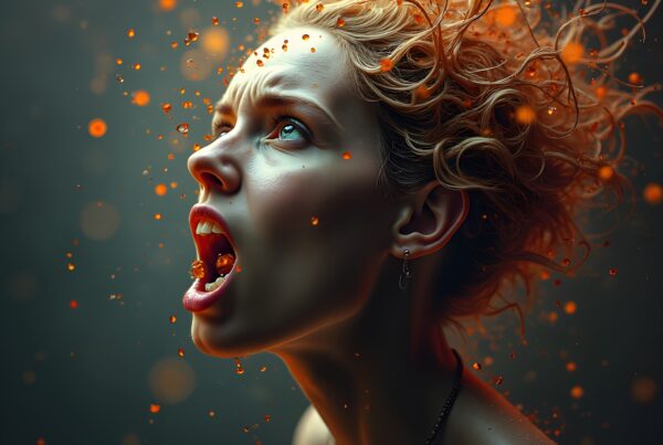 A woman with curly, golden hair expresses emotion with vibrant orange droplets in a dynamic portrait.