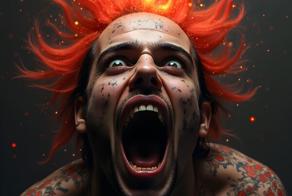 Portrait of a person with fiery red hair and tattoos, exuding intense energy and emotion against a dark backdrop.