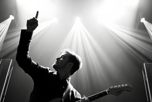 Black and white image of a musician playing an electric guitar on stage under dramatic spotlight beams.