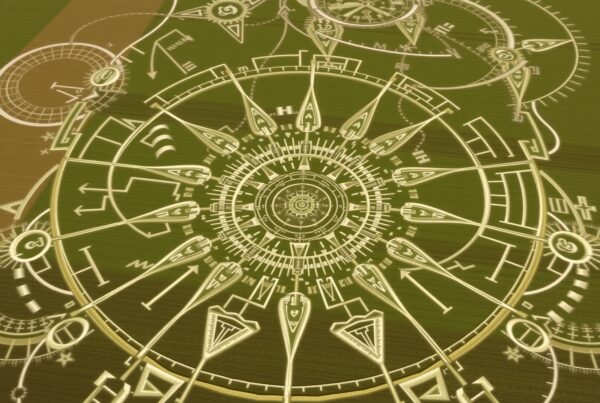 A complex crop circle with geometric patterns in a field.