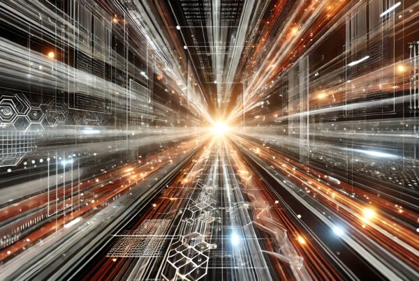 A futuristic digital data stream converging into a bright central point, showcasing high-tech patterns and vibrant energy.