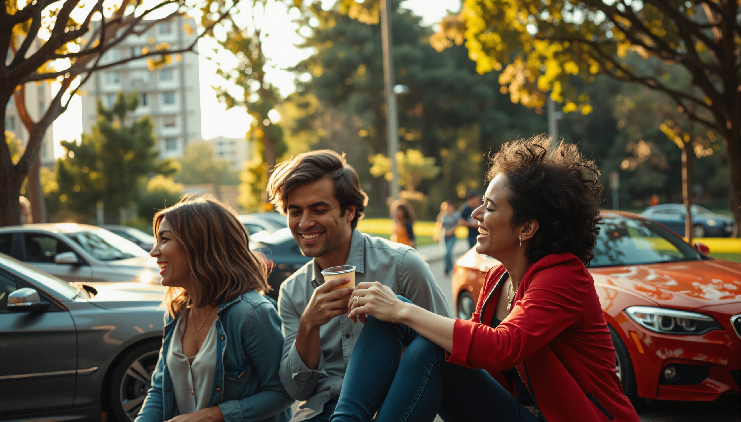 Three friends laughing outdoors together