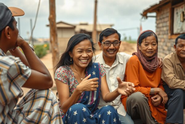 Lively group chatting outdoors in a rural setting.