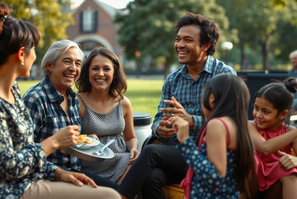 A diverse group enjoys a joyful outdoor family gathering in a sunny park setting.