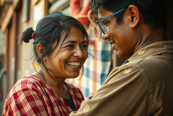 A joyful moment of connection between a smiling couple in a warm, intimate setting.