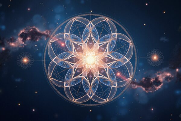 Intricate mandala with cosmic background and stars.