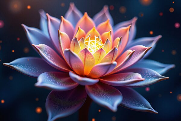 Abstract lotus flower glowing vibrantly, surrounded by a colorful and mystical atmosphere.