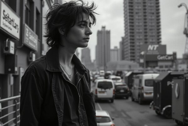 Young person gazing in urban street with traffic.