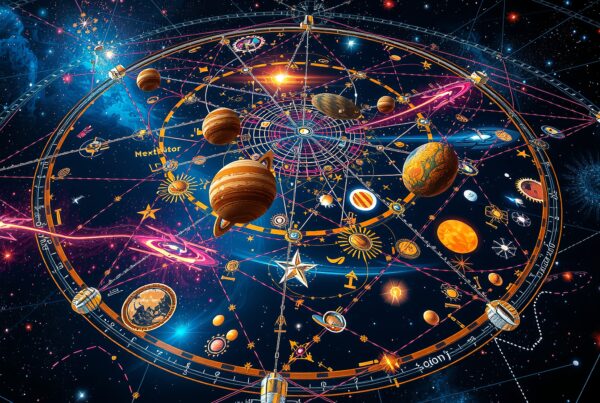 Artistic cosmic map with planets, celestial symbols, and zodiac themes.