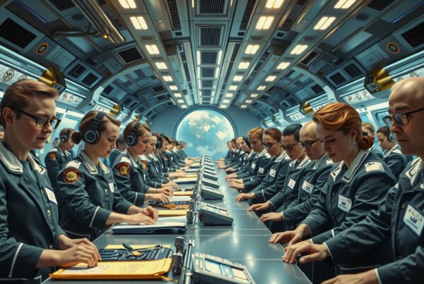 Futuristic control room with personnel monitoring Earth communications.
