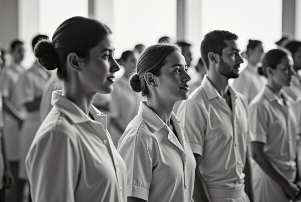 Black and white photo of people standing in formation wearing white uniforms in a softly lit room.