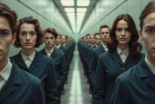 A row of identically dressed individuals in a narrow, endless corridor creating a mood of conformity and discipline.