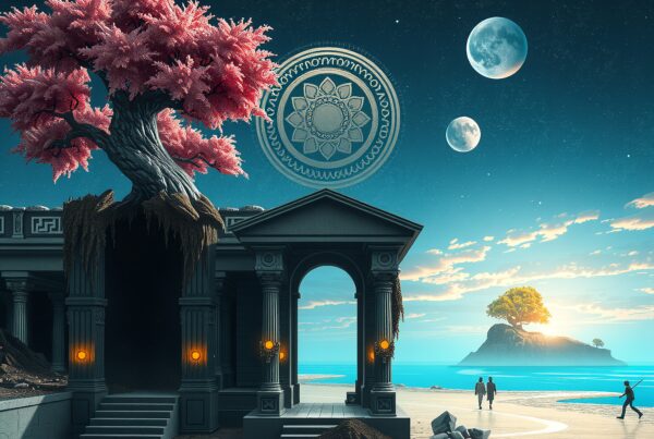 A surreal landscape with a pink tree growing over an ancient temple by the sea, featuring a vibrant sky with moons and an island.