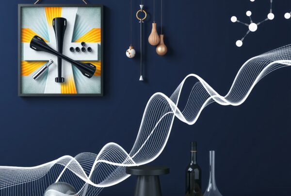 Abstract art display on a blue wall featuring dynamic waves and modern decor, blending scientific and geometric elements.