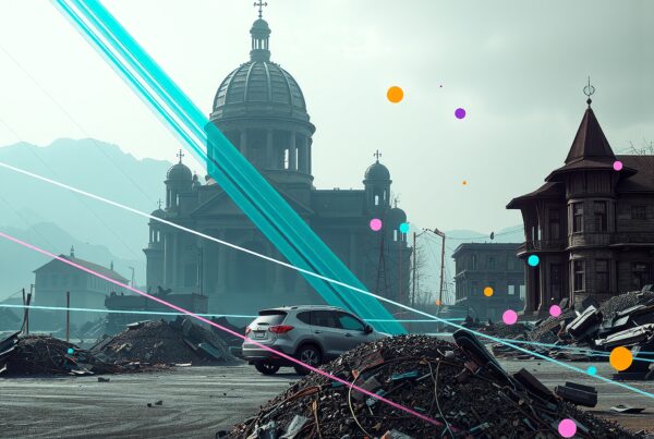 A post-apocalyptic urban scene with classical architecture, digital enhancements, and dramatic contrasts.
